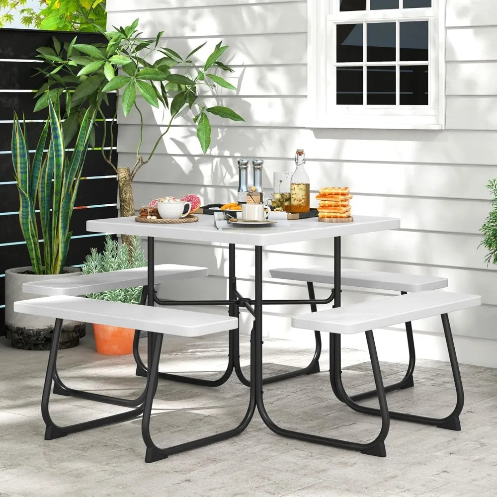 4-8 Person Square Picnic Table Bench Set with Umbrella Hole, Outdoor Camping Table HDPE Material Metal Frame for Patio Garden