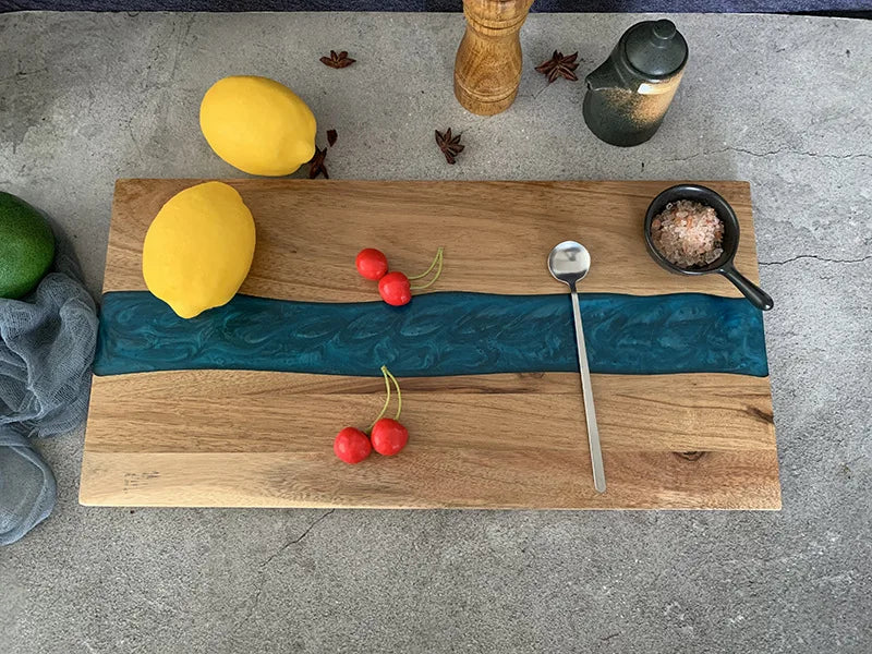Expoxy Resin Blue River Pattern Charcuterie Board for Bread Vegetable Fruit Meat Acacia Wood Decorative Board Challah Board