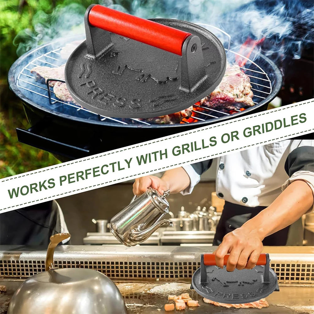 LMETJMA Bacon Press Heavy-Duty Cast Iron Grill Press Meat Steak Press with Wood Handle Kitchen Hamburger Smasher Press JT277