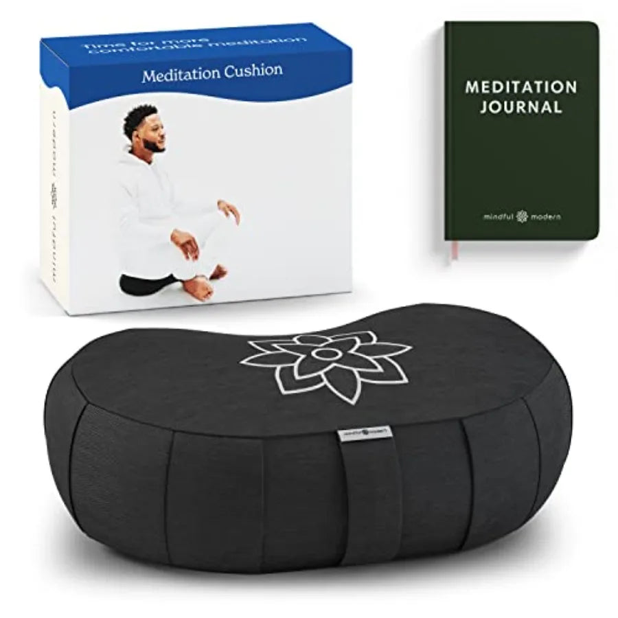 Mindful and Modern Large Meditation Cushion Zafu Yoga Bolster Meditation Floor Pillow Seat Buckwheat Hull Filled Crescent Shape