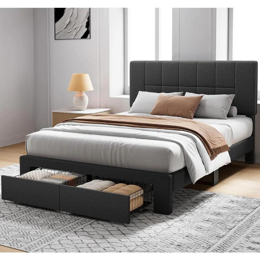 Full Size Solid Wood Platform Bed Upholstered Headboard 2 Storage Drawers 12 Sturdy Legs Fit 6"+ Mattress, Custom