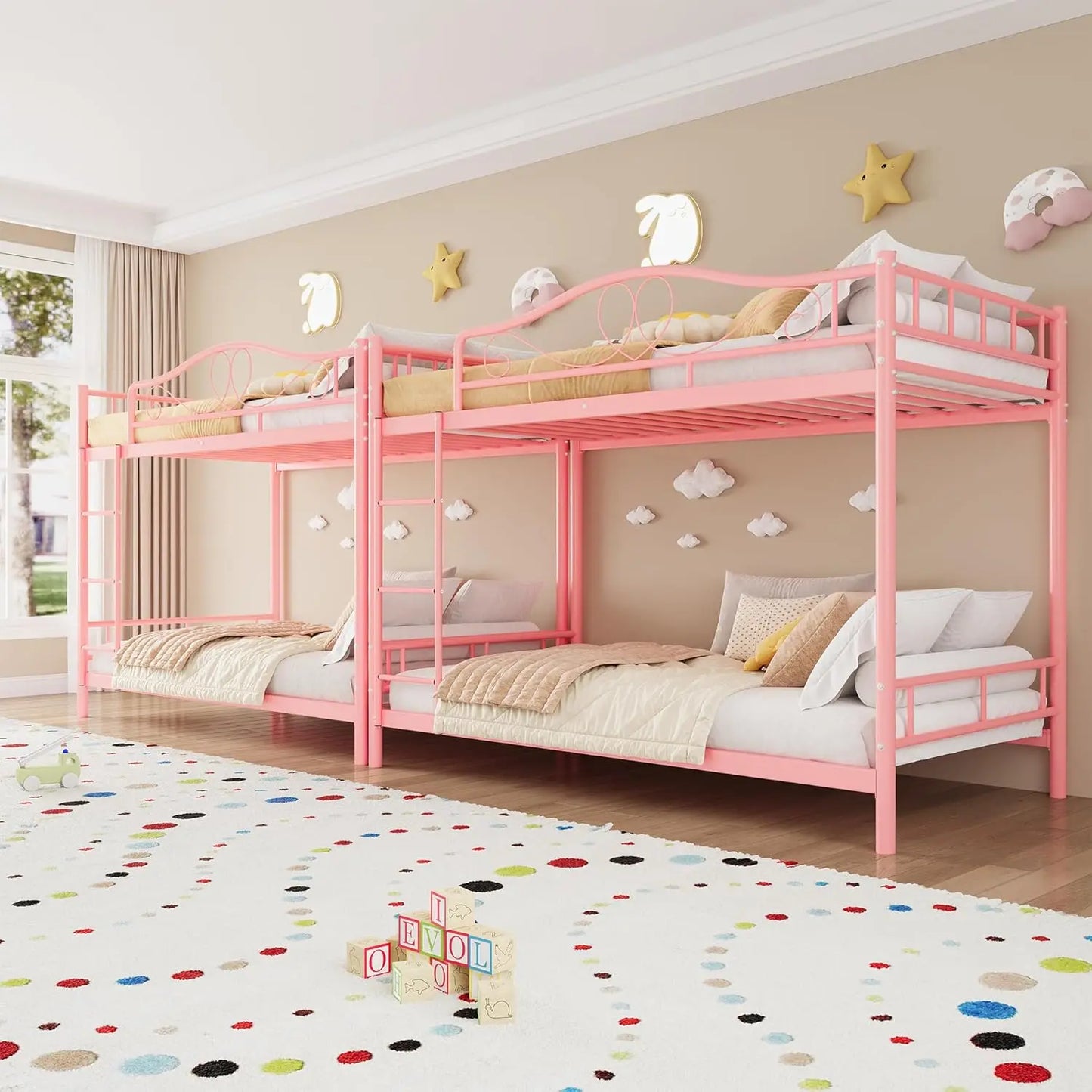 Bunk Bed Twin Over Twin with Ladder & Full Safety Guardrail, Heavy Duty Metal Twin Over Twin Bunk Bed 400 Lbs Load Capacity, Space-Saving, Noise Free, No Box Spring Needed, Easy Assembly, P