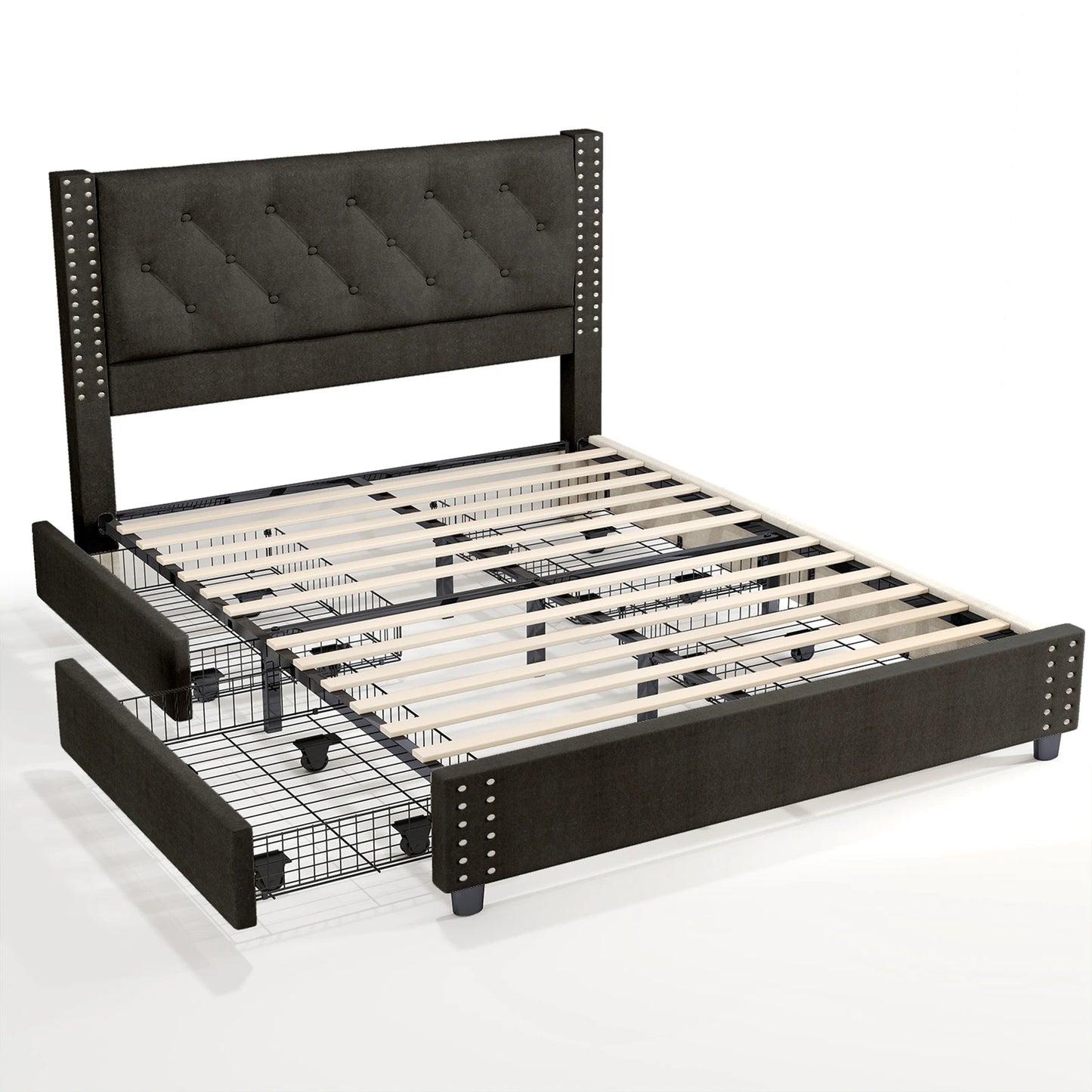 81.50×55.12×48.43inch Full Size Bed Frame w Upholstered Button Tufted Headboard Wood Slat Support Metal Platform Bed Frame
