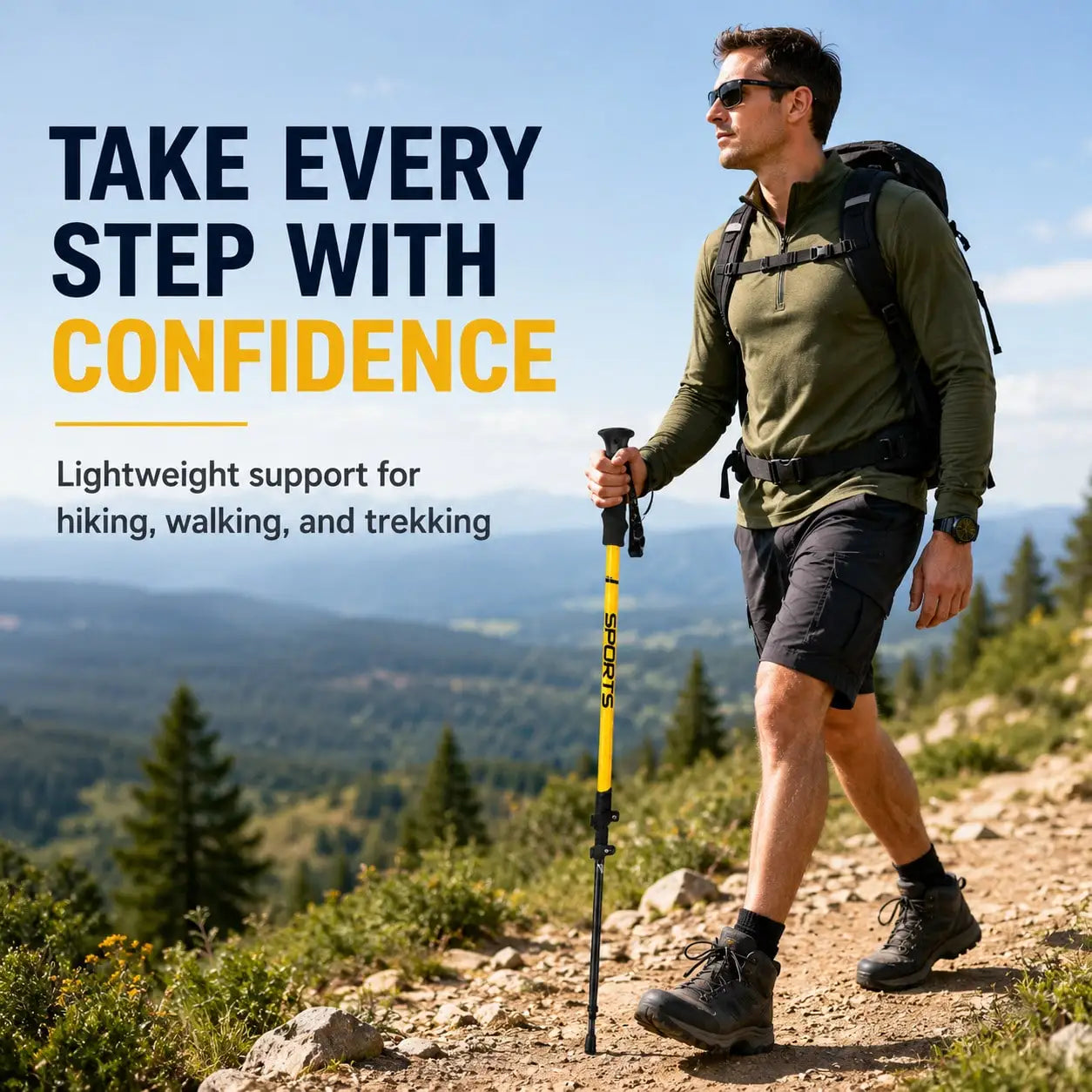 Carbon Fiber Trekking Pole, Adjustable 25–53 In / 63–135 Cm Lightweight Hiking Walking Stick, 225g Collapsible Trekking Staff With EVA Grip, Wrist Strap, Mud Basket & Tip Cover, Yellow, 1PCS
