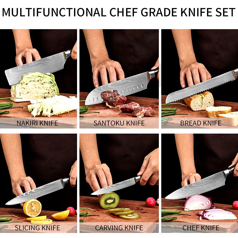 PLYS 3/5/7pcs Damascus Pattern Kitchen Knife Set Sharp Knives