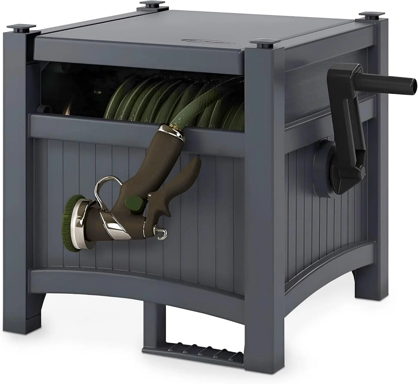 Suncast Cyberspace Grey Garden Hose Storage Reel Box Resin Outdoor Container Holds 100FT 5/8 Inch Water Line No Assembly Require