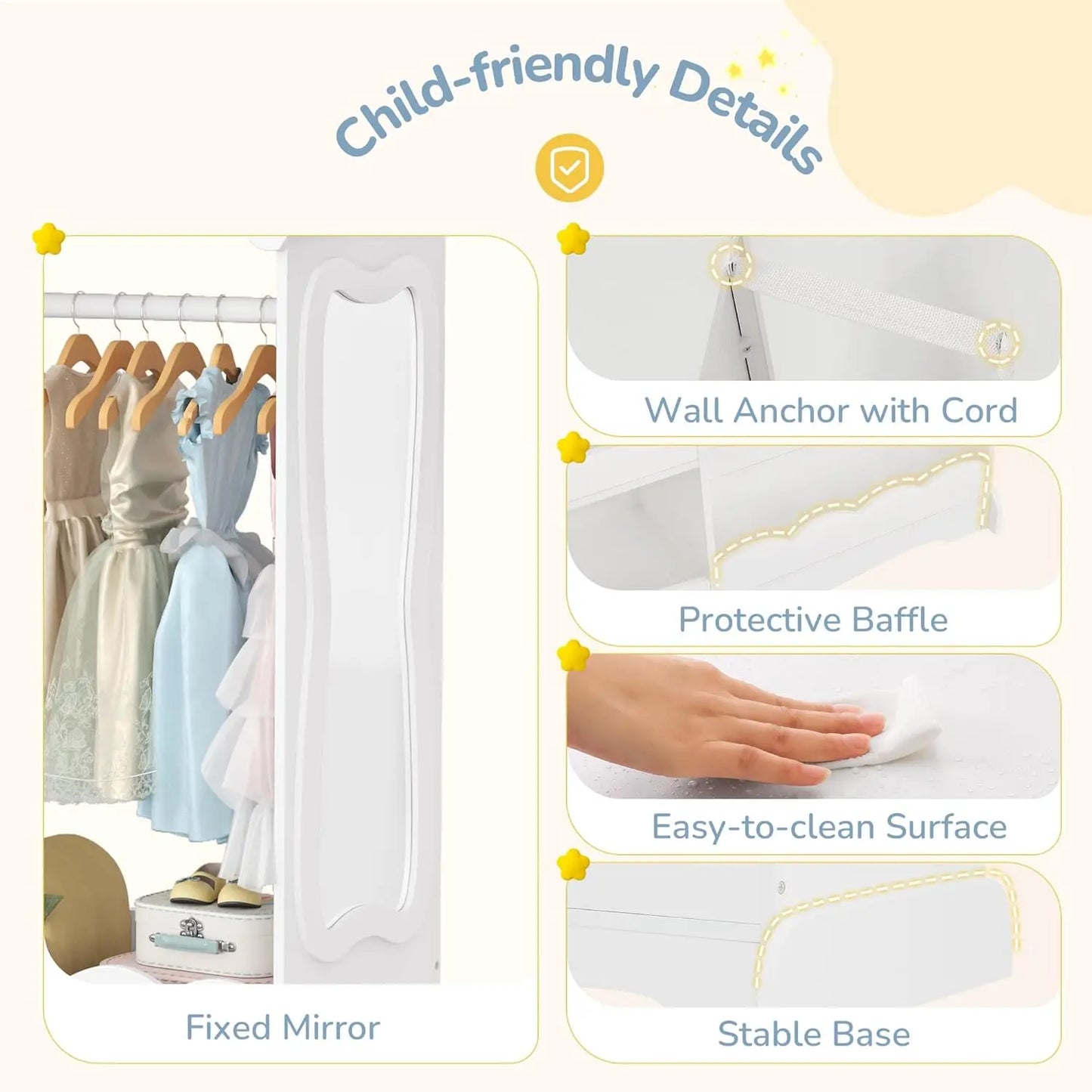 Dollhouse Kids Dress Up Storage with Full-Length Mirror & Touch Activated Light, Open Hanging Kids Wardrobe Closet,