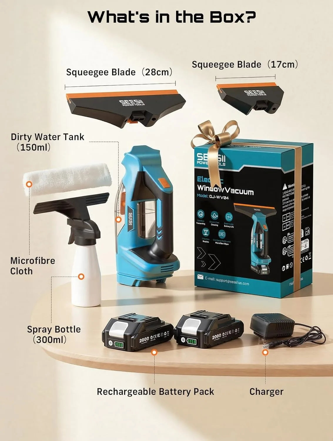 SEESII Cordless Window Vacuum Cleaner 2000PA Suction Power 4.0mAh Battery Windown Spray Cleaning Tool Set with Squeegee Blade for Mirror Glass Countertop Tile
