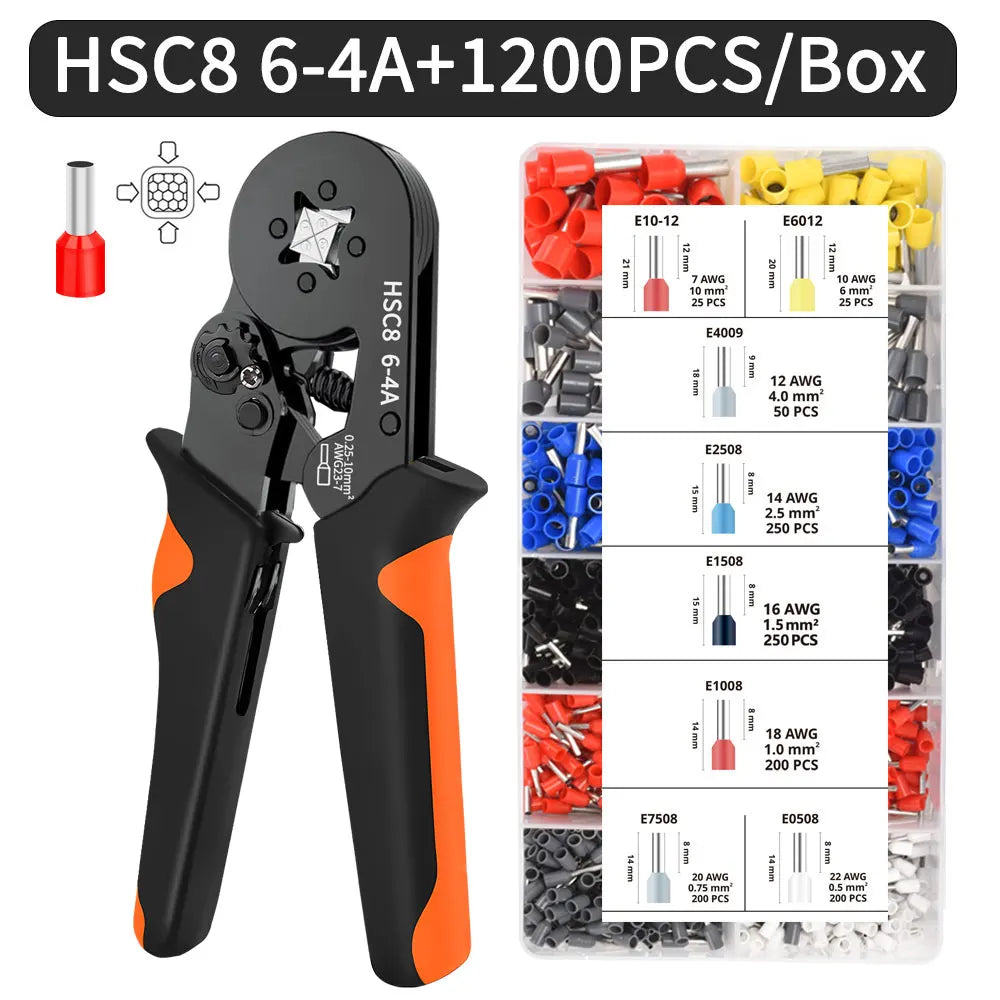 Hexagonal Self-Adjustable Ratchet Ferrule Crimping Tool Kit 23-7AWG 0.25-10mm² Crimper Kit with Ferrule Sleeves Wire Terminals