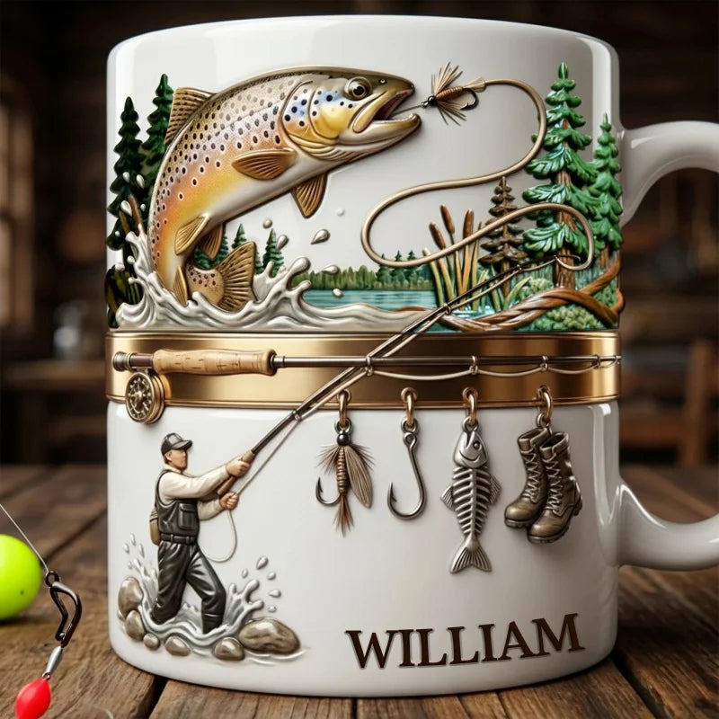 2D print Fishing Lover Gift Mug-Personalized Fishing Cup for Angler,Custom Name Fish Design Ceramic Coffee Mug Birthday Present