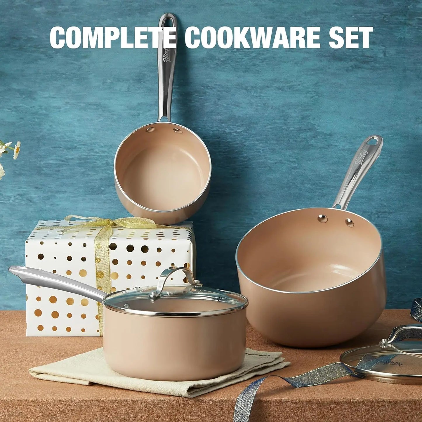 6pcs Nonstick Saucepan Set with Lids, Pot Set, Ceramic Coating, Less Oil and Easy to Clean, Stainless Steel Handle, Oven Safe