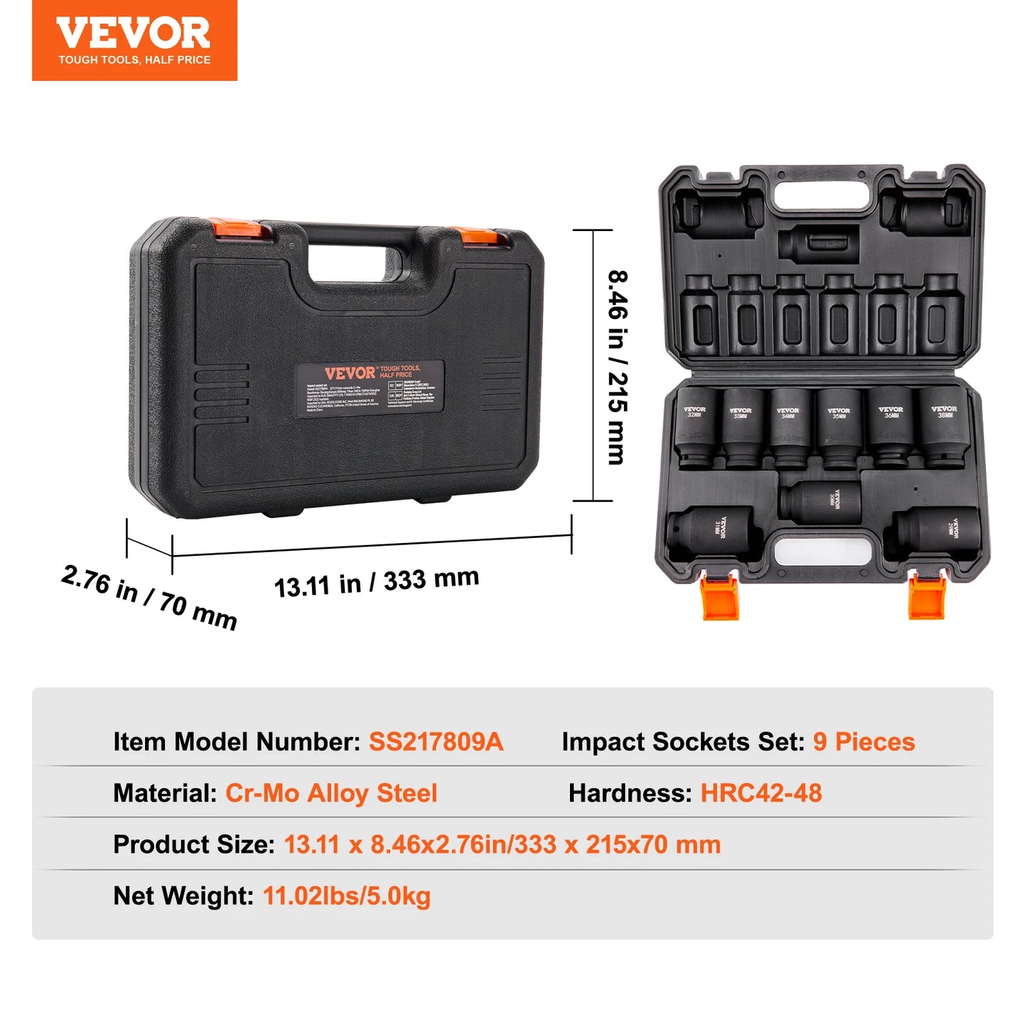 SucceBuy 1/2" Drive Impact Socket Set 9/11 Piece Deep Socket Set SAE Metric Cr-Mo Cr-V Steel for Auto Repair Ratchet Tool Kit