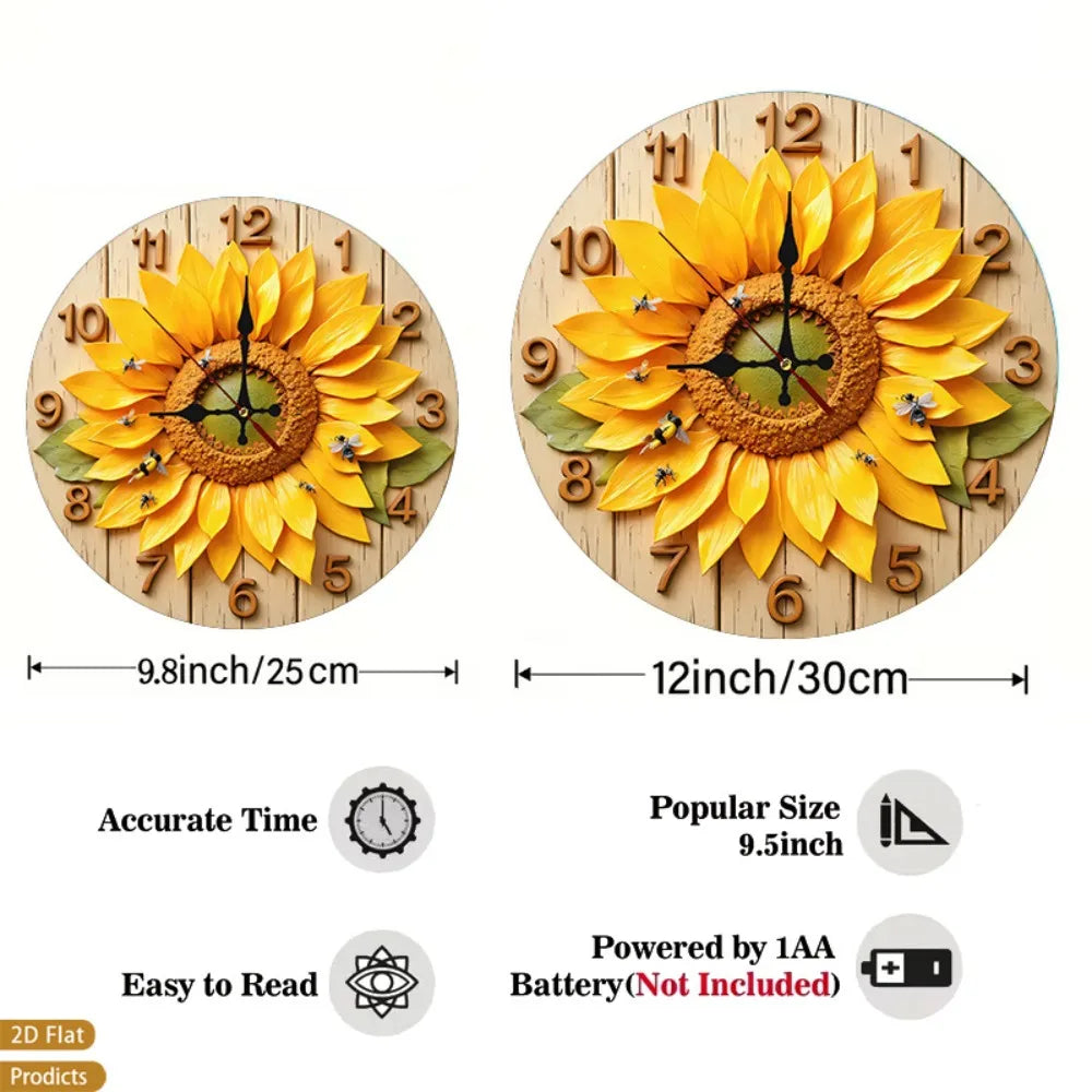 1pc 12-inch Large Sunflower & Bees Wall Clock - Silent Non-Ticking Nursery Room Decor with Wood Frame, Flower Foliage Design, Ba