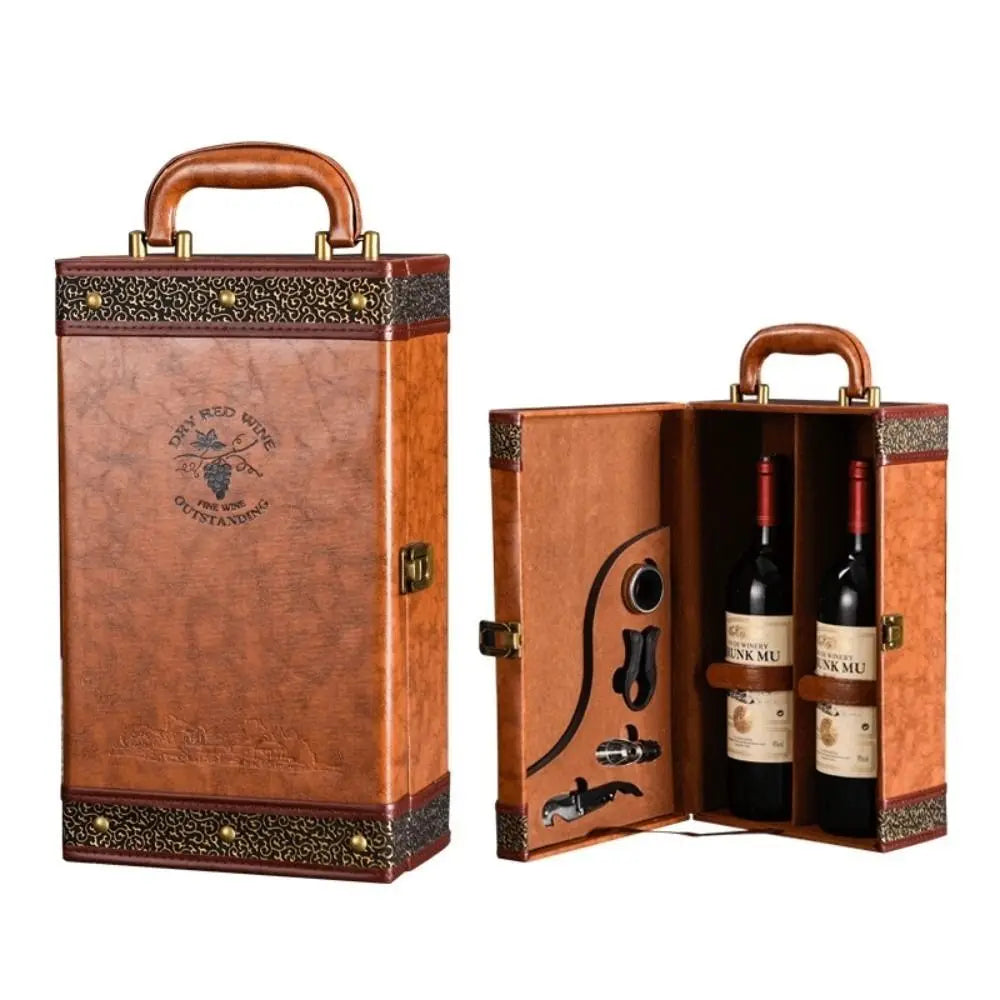 New PU Leather Wine Gift Box with Tools with Handle Portable Carrier Tote with 4 Accessories Set Red Wine Storage Box Gifts