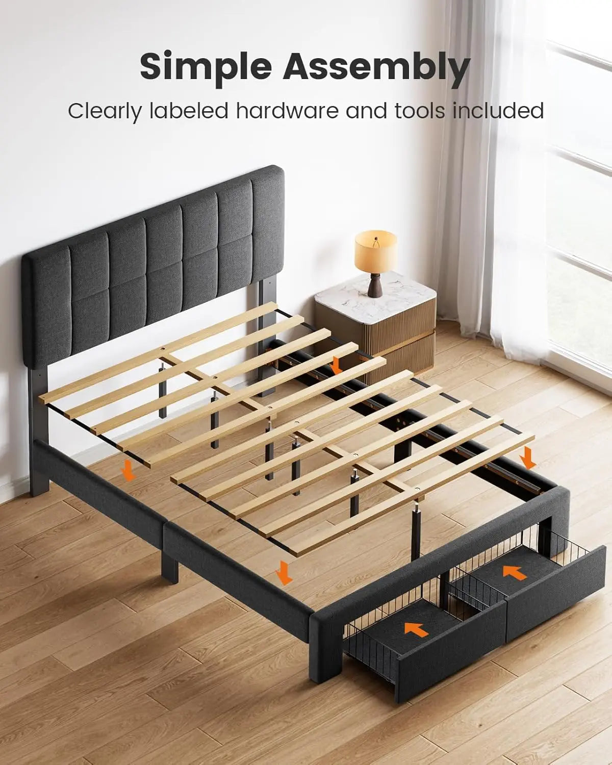 Full Size Solid Wood Platform Bed Upholstered Headboard 2 Storage Drawers 12 Sturdy Legs Fit 6"+ Mattress, Custom