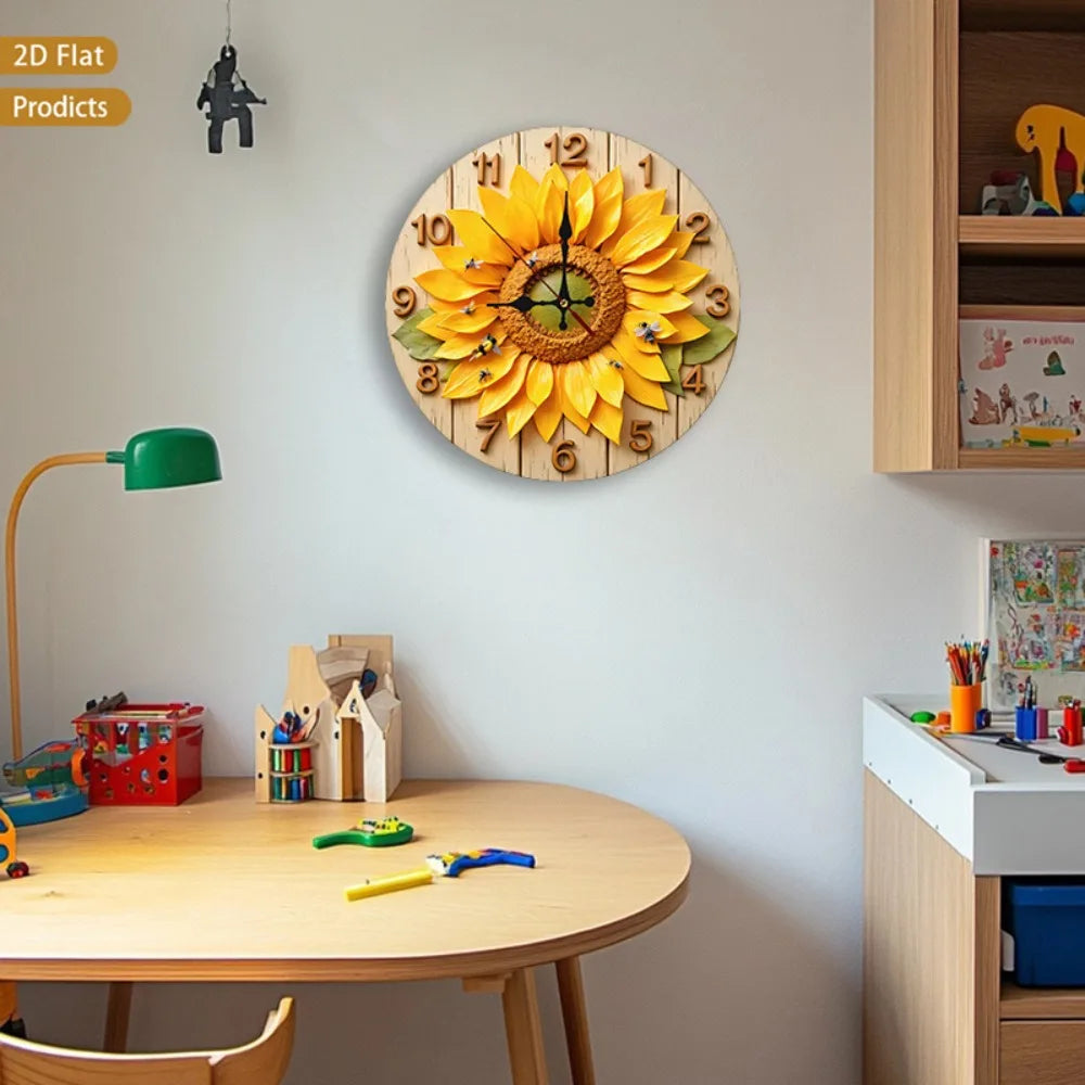 1pc 12-inch Large Sunflower & Bees Wall Clock - Silent Non-Ticking Nursery Room Decor with Wood Frame, Flower Foliage Design, Ba