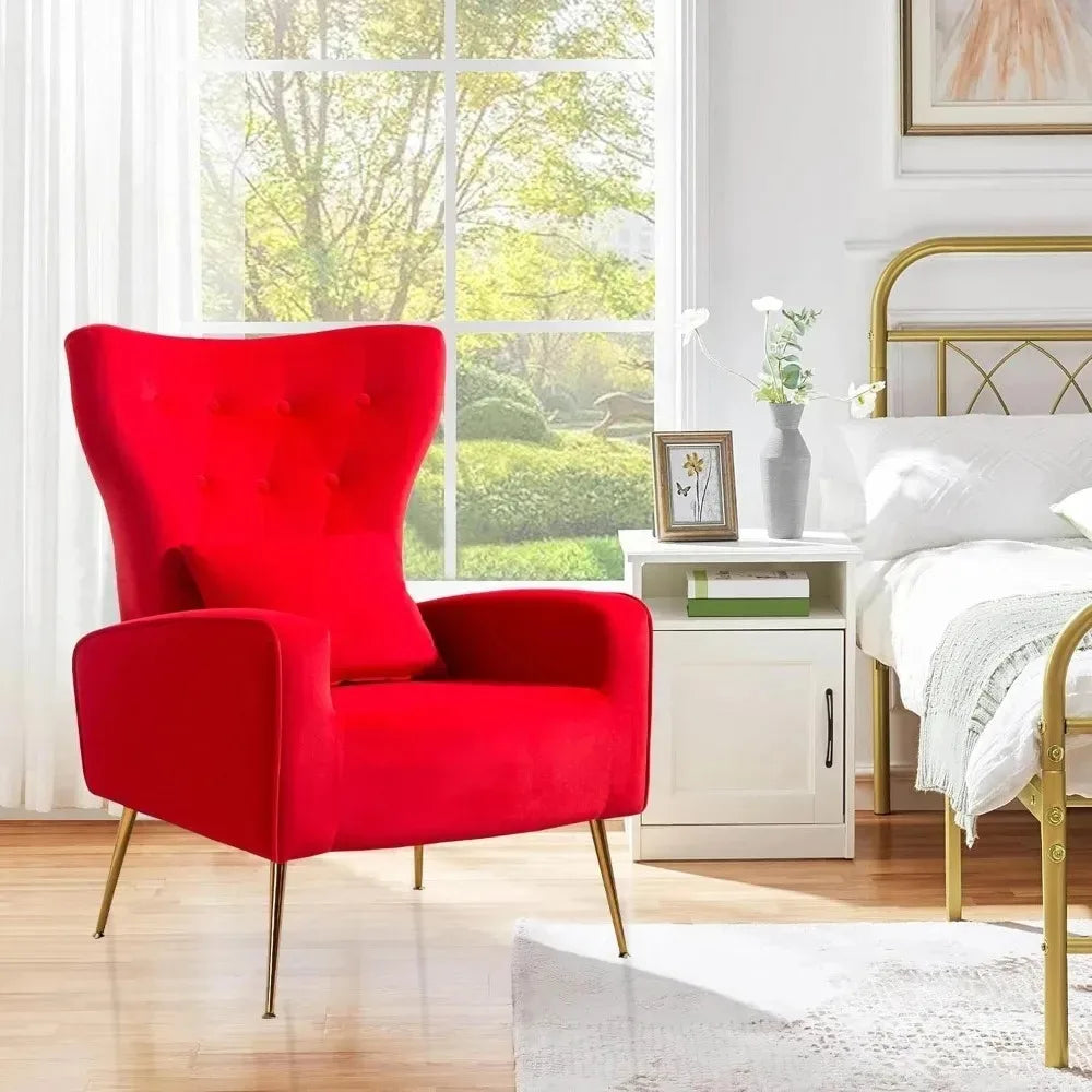 Velvet Accent Arm Chair, Mid-Century Modern Living Room Chair, Wingback Bedroom Side Chair with Gold Legs & Pillow，Customized