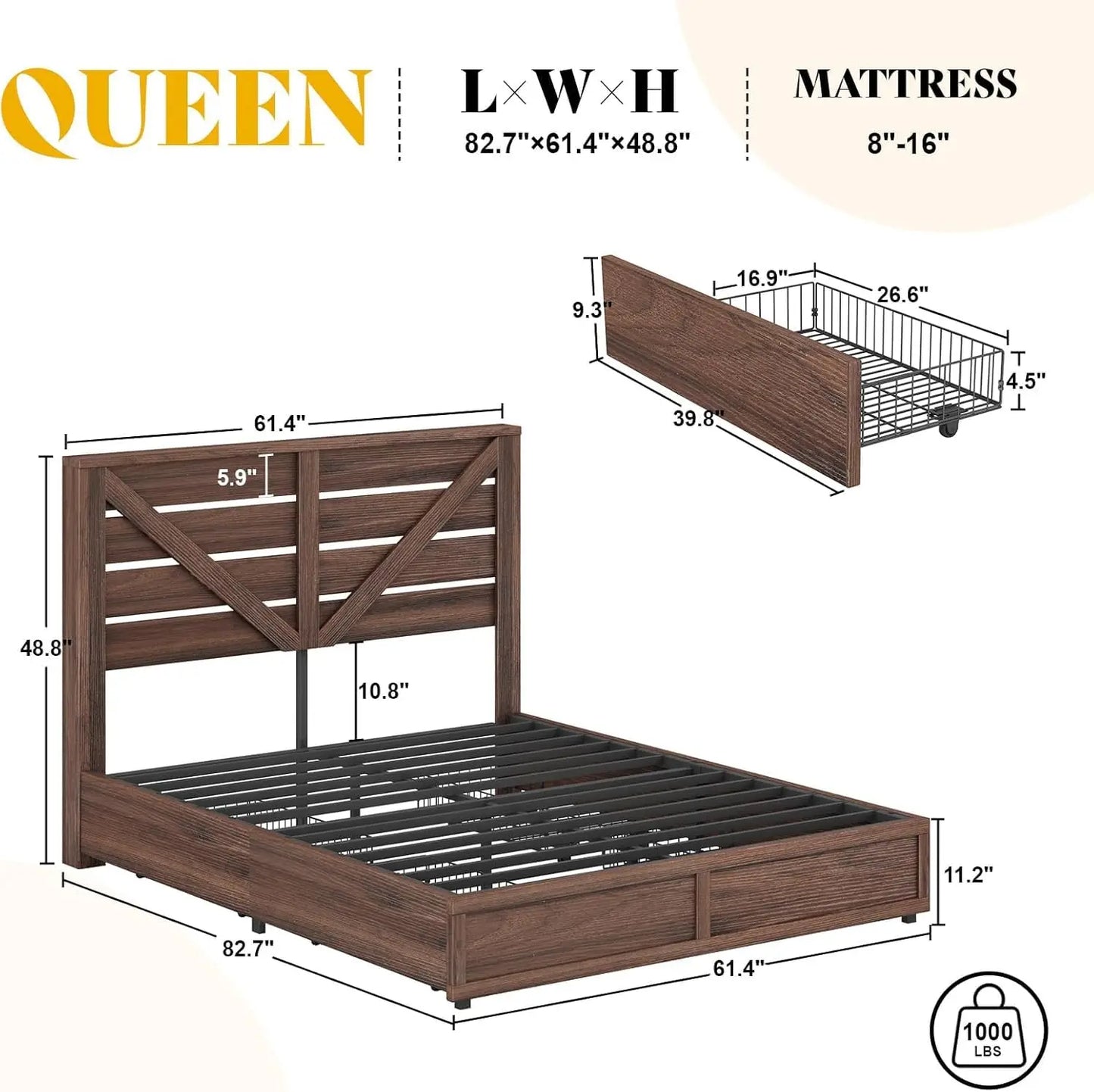 Queen Size Farmhouse Bed Frame with 4 Drawers, Wooden Storage Bed Frame with Headboard and Heavy Duty Metal Slats,Custom