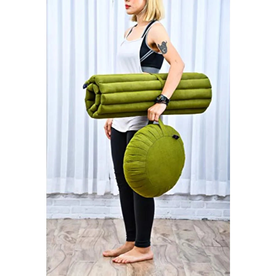 Meditation Cushion Set 1 Round Zafu Meditation Pillow and 1 Square Roll-Up Zabuton Meditation Mat, Pillows Bundle Filled with K