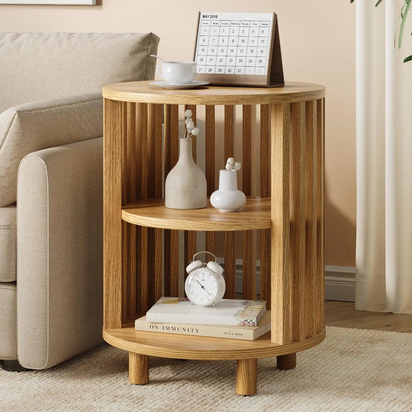 Fluted Round End Table, Mid Century Bedside Table, Modern Nightstands Set Of 2 For Living Room, Bedroom, Entryway