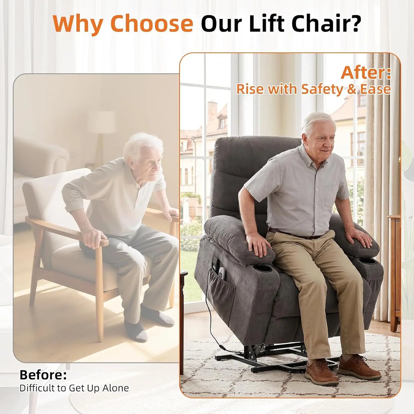 Power Lift Recliner Chair for Elderly with Vibration Massage and Lumbar Heating Electric Recliner Sofa with Cup, Customized