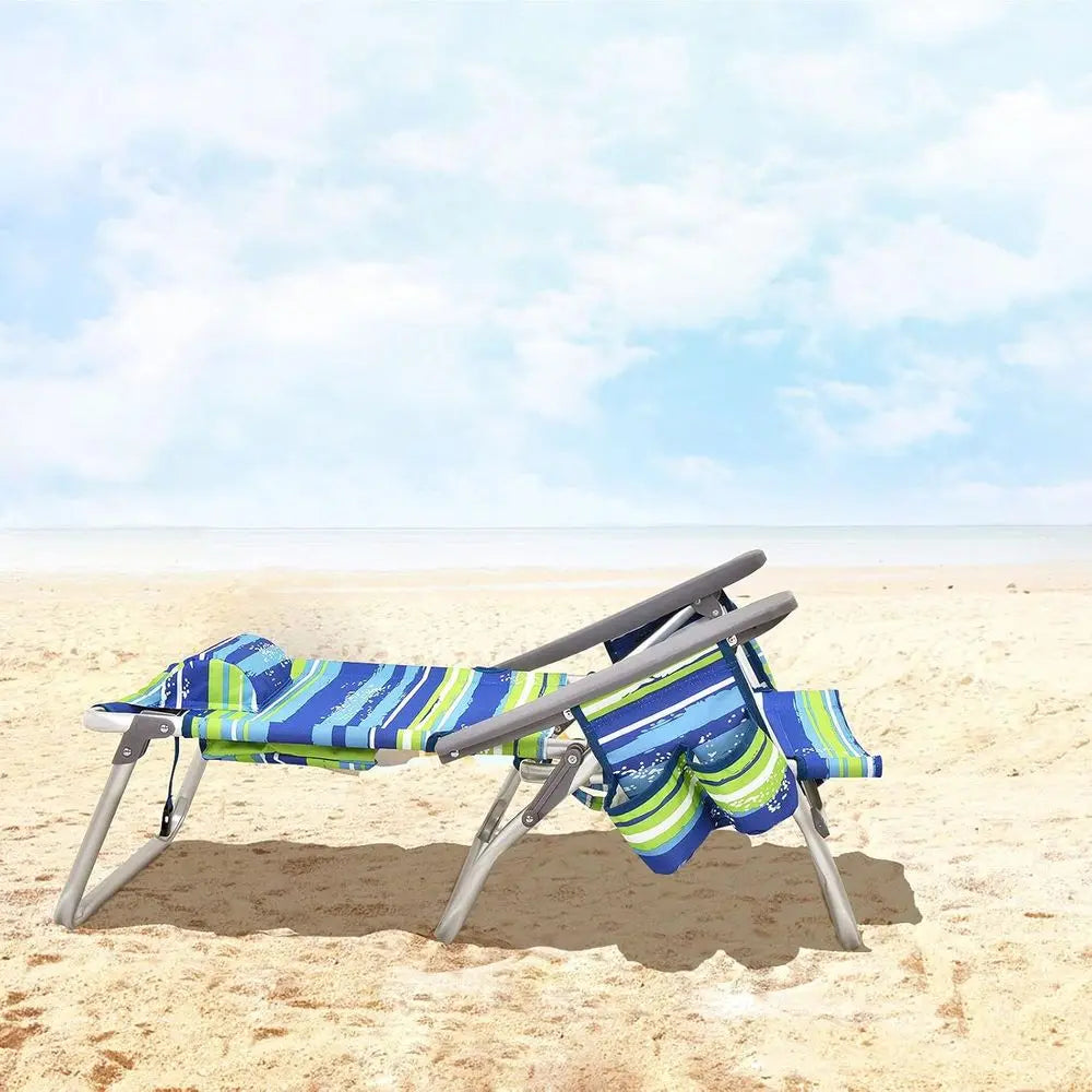 Adjustable Position Beach Chair with Pillow, Storage, Towel Bar, Cup Holders, and Backpack for Outdoor Camping