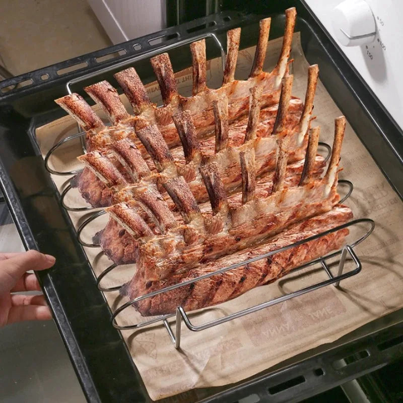 1PC BBQ Rib Racks Non-Stick Coated Steel Roasting Barbecue Meat Roasting Grilling Stand Holds 4 Rib Rack For Gas Grill
