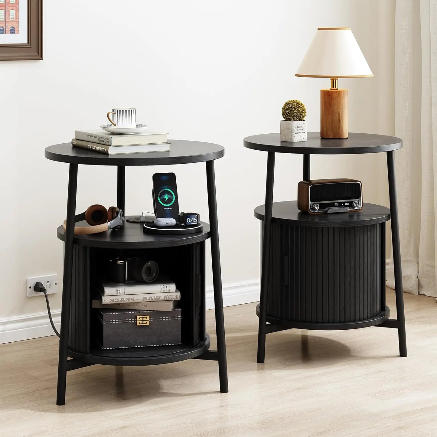 Fluted Round End Table, Mid Century Bedside Table, Modern Nightstands Set Of 2 For Living Room, Bedroom, Entryway