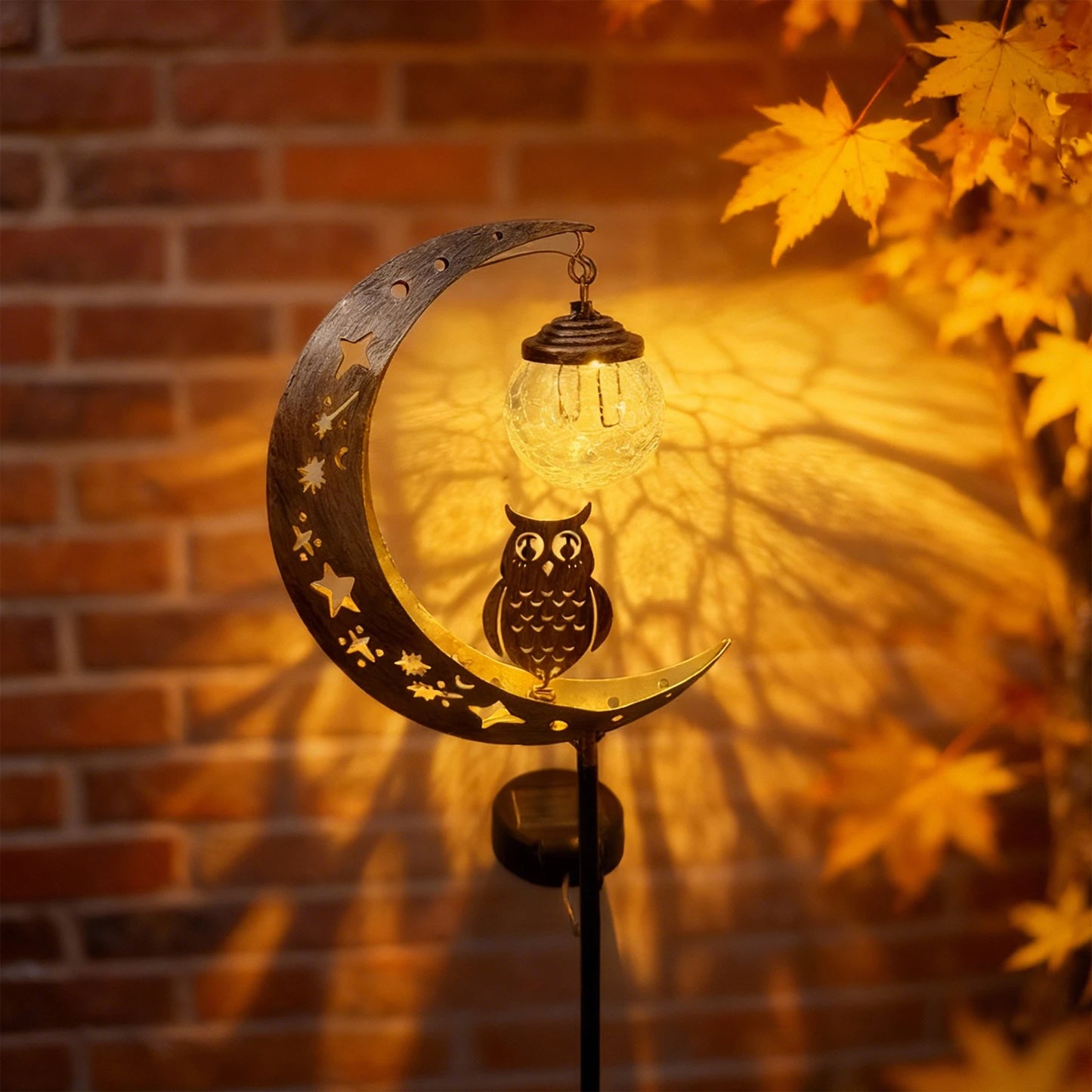 Solar Moon Ground Light With Decorative Owl And Glass