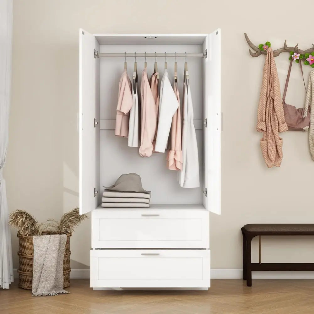 Modern 2 Doors 2 Drawers Bedroom Armoires Wardrobe Clothes Storage Closet with Hanging Rod, Wooden Bedroom Freestanding Wardrob