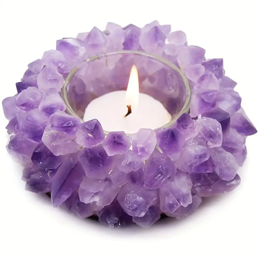KIKOWHY Handmade Natural Amethyst Cluster Tealight Holder, Raw Gemstone Crystal Candle Holder, Rustic Earthy Aesthetic Craftsmanship, Crystal Accessories for Boho Home Decor & Spiritual Living Space