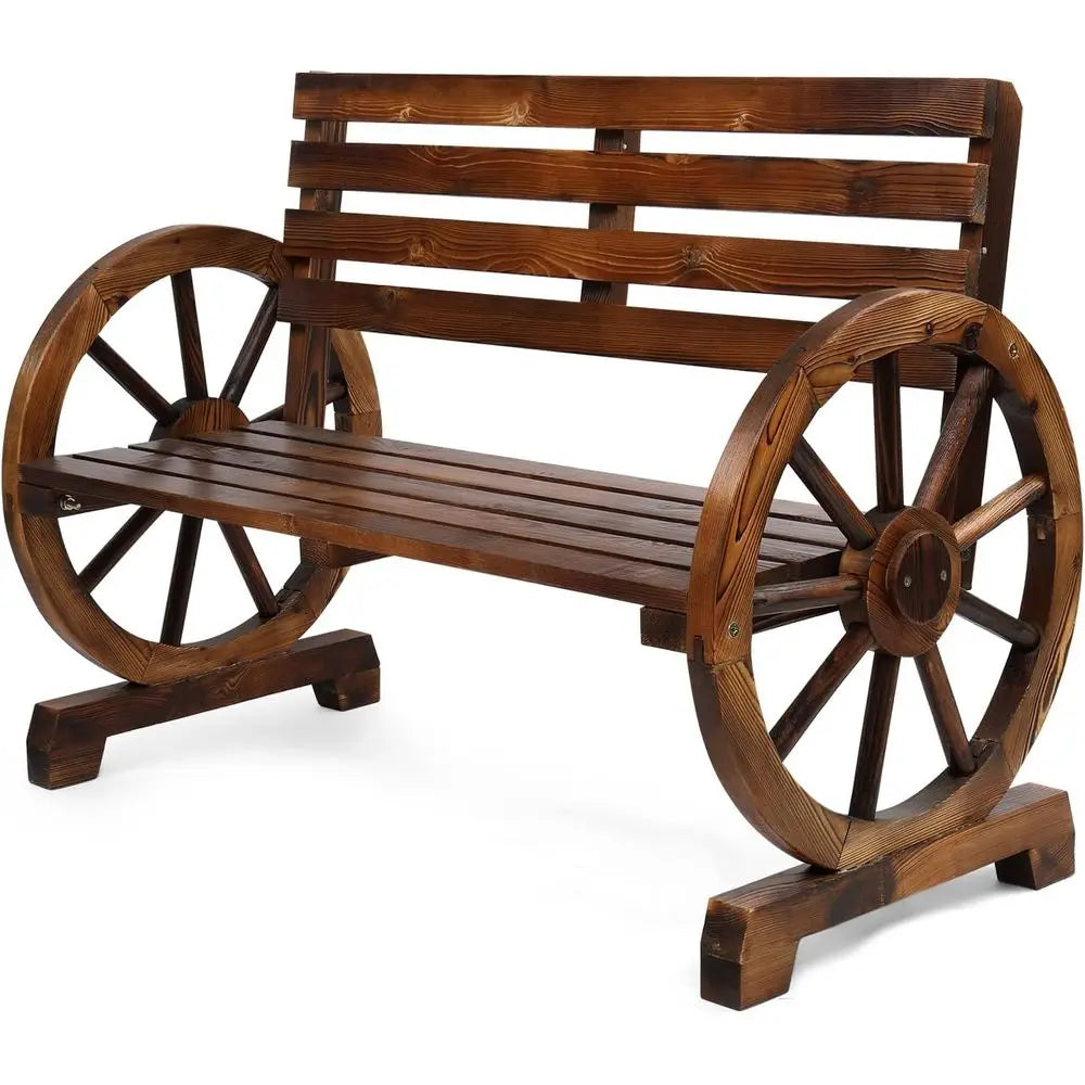 Rustic Wooden Wheel Patio Bench, Weather-Resistant Garden Seat, 350lbs Capacity, 41 High