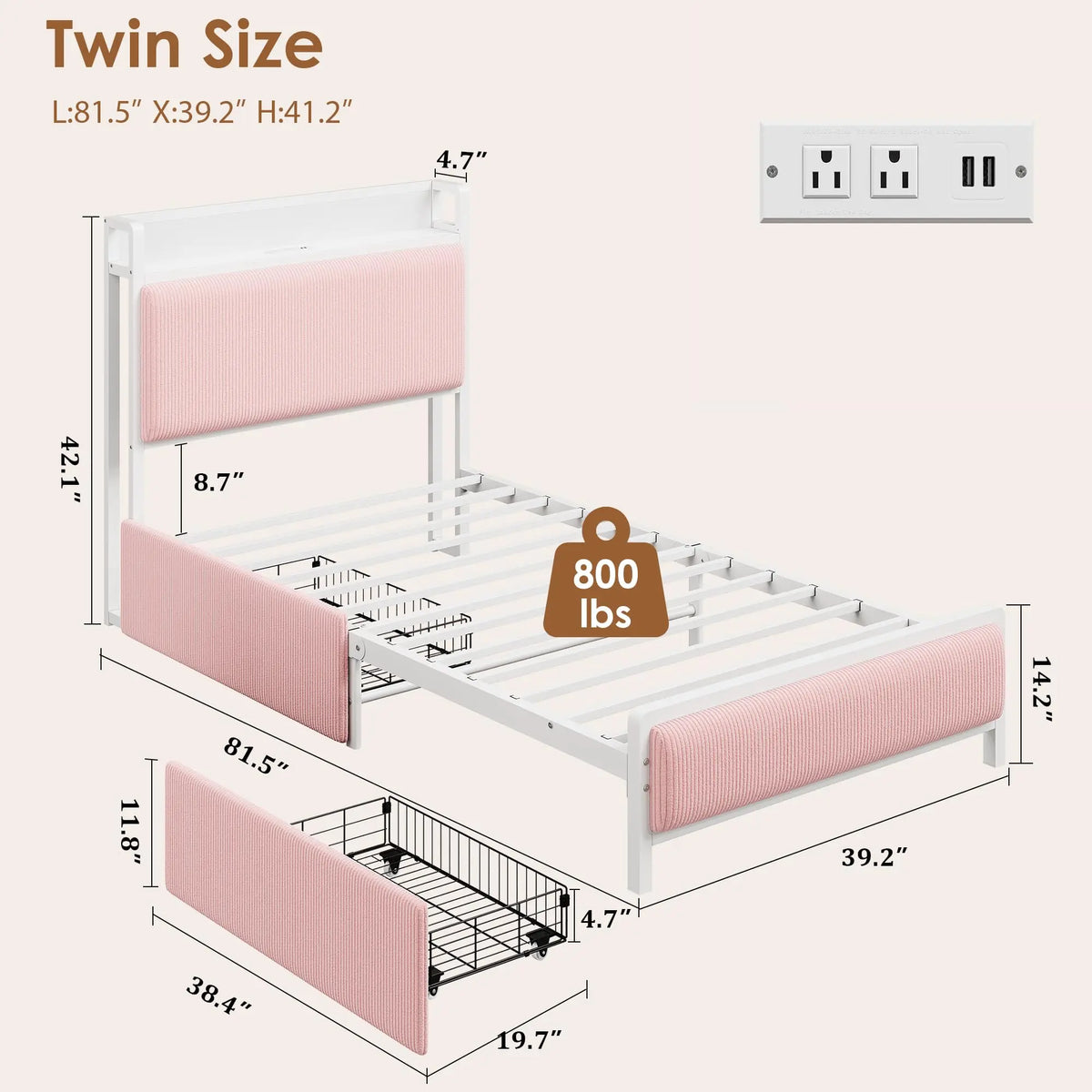 Mid Century Modern Platform Bed Frame With Charging Station