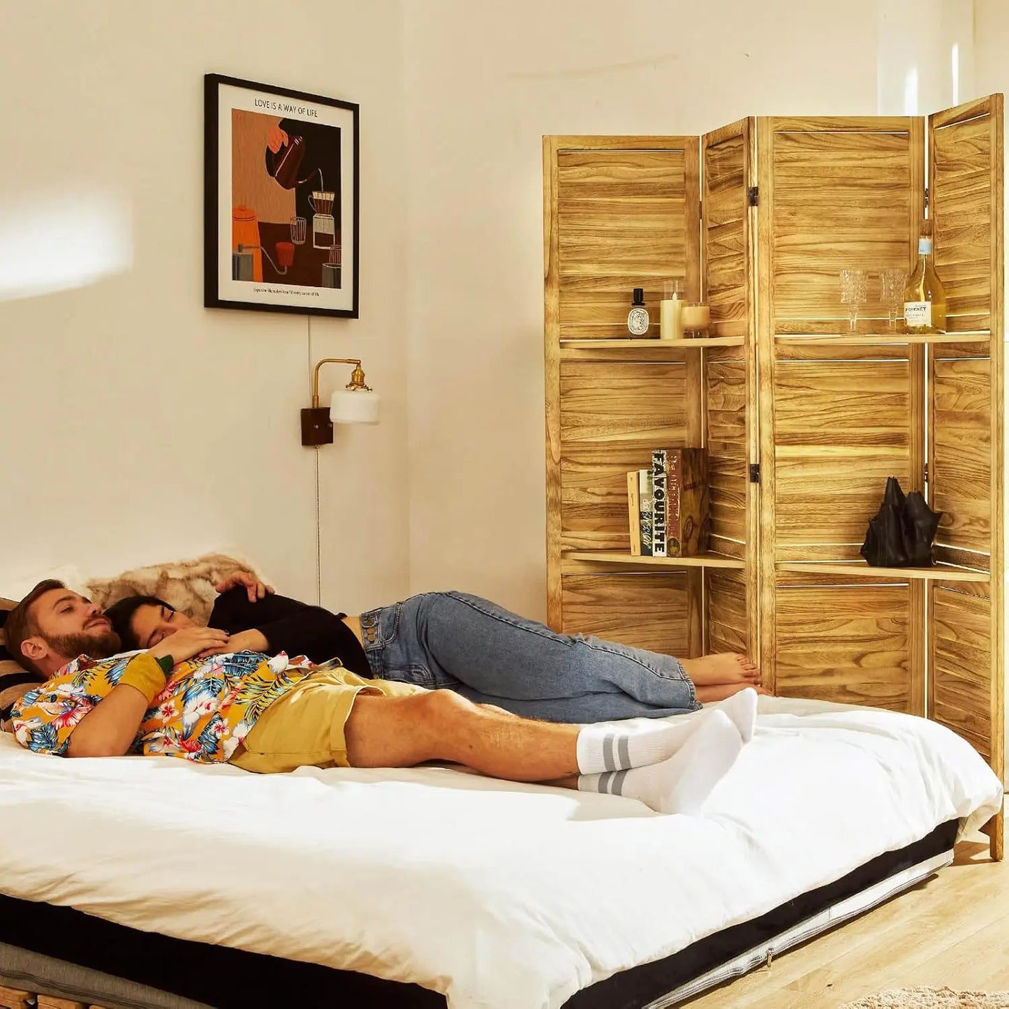 Partition Room Dividers, 67 * 51inch Folding Wood Privacy Screen with Three Display Shelves Suitable for Home, Customized