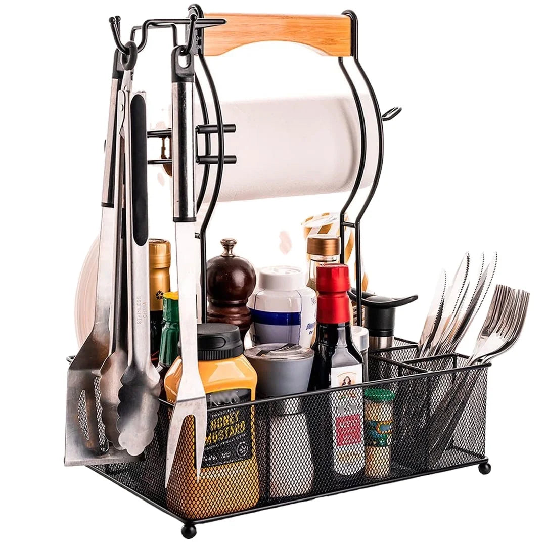 Black Grill Utensil Caddy Picnic Condiment Caddy BBQ Organizer Steel Caddy For Organizing Paper Towels