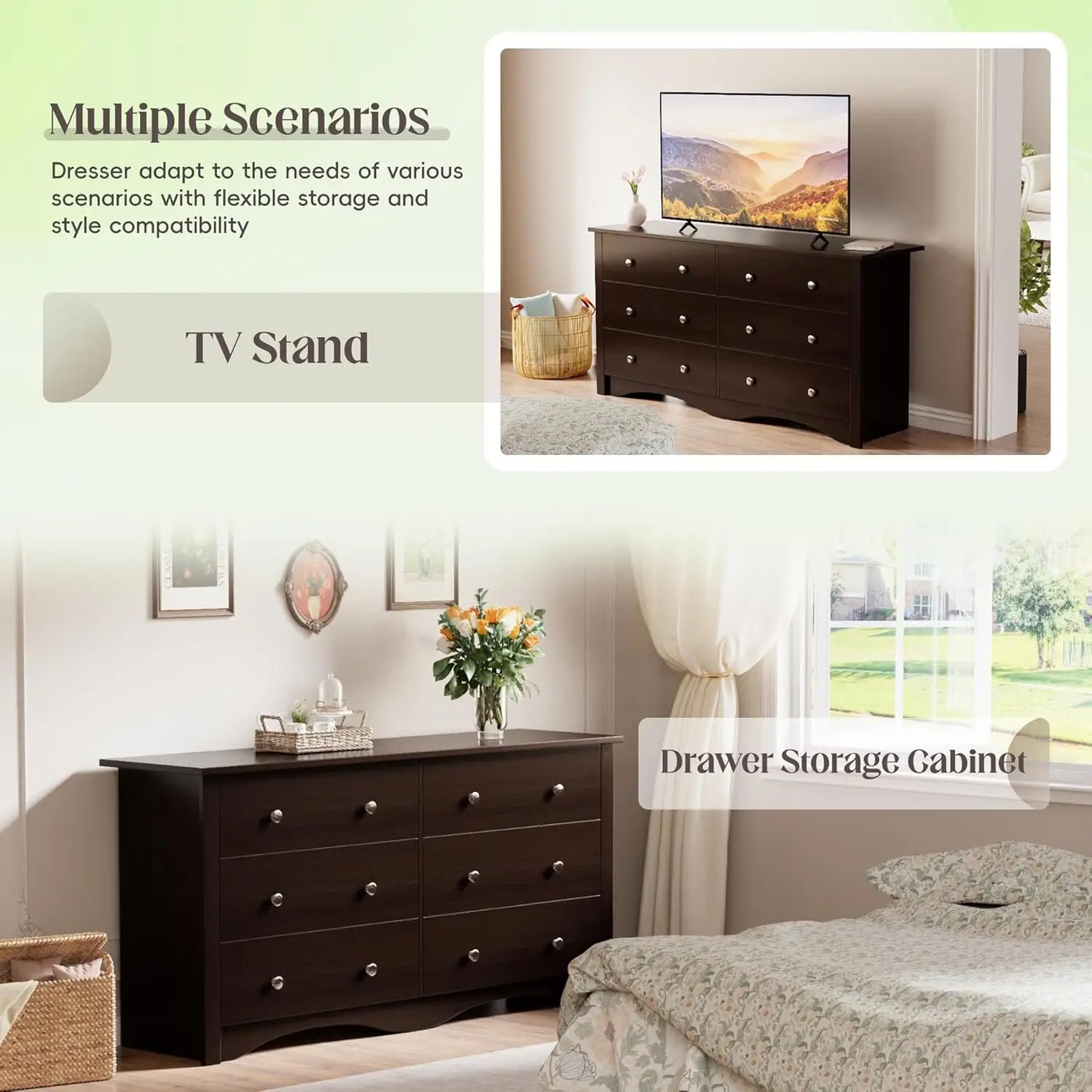 6 Drawer Wood Dresser Wide Storage Tower Modern Bedroom Living Room Hallway Entryway Dark Brown, Customized