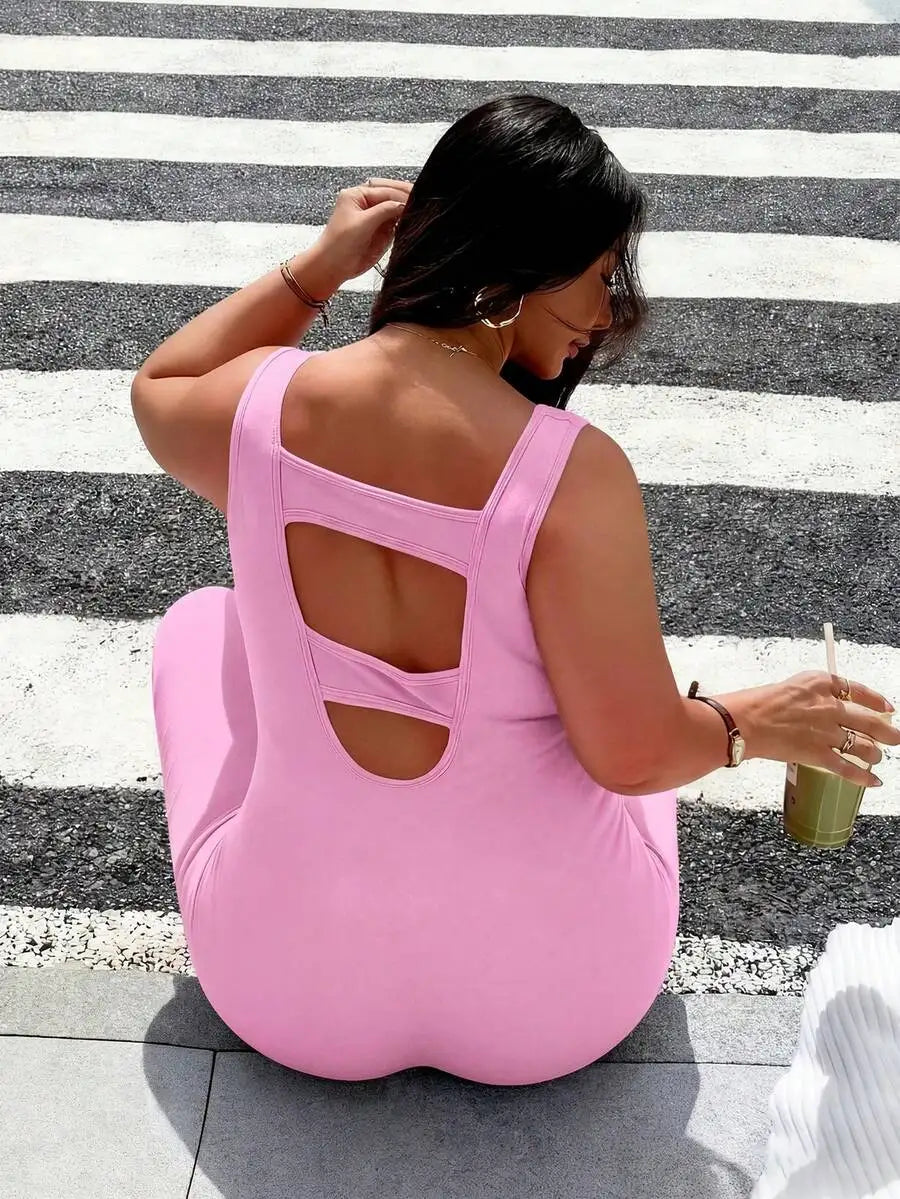 Rhythm Era 1pc Plus Size Black Backless Jumpsuit, Comfortable Stretchy Seamless Knit Yoga & Fitness Activewear