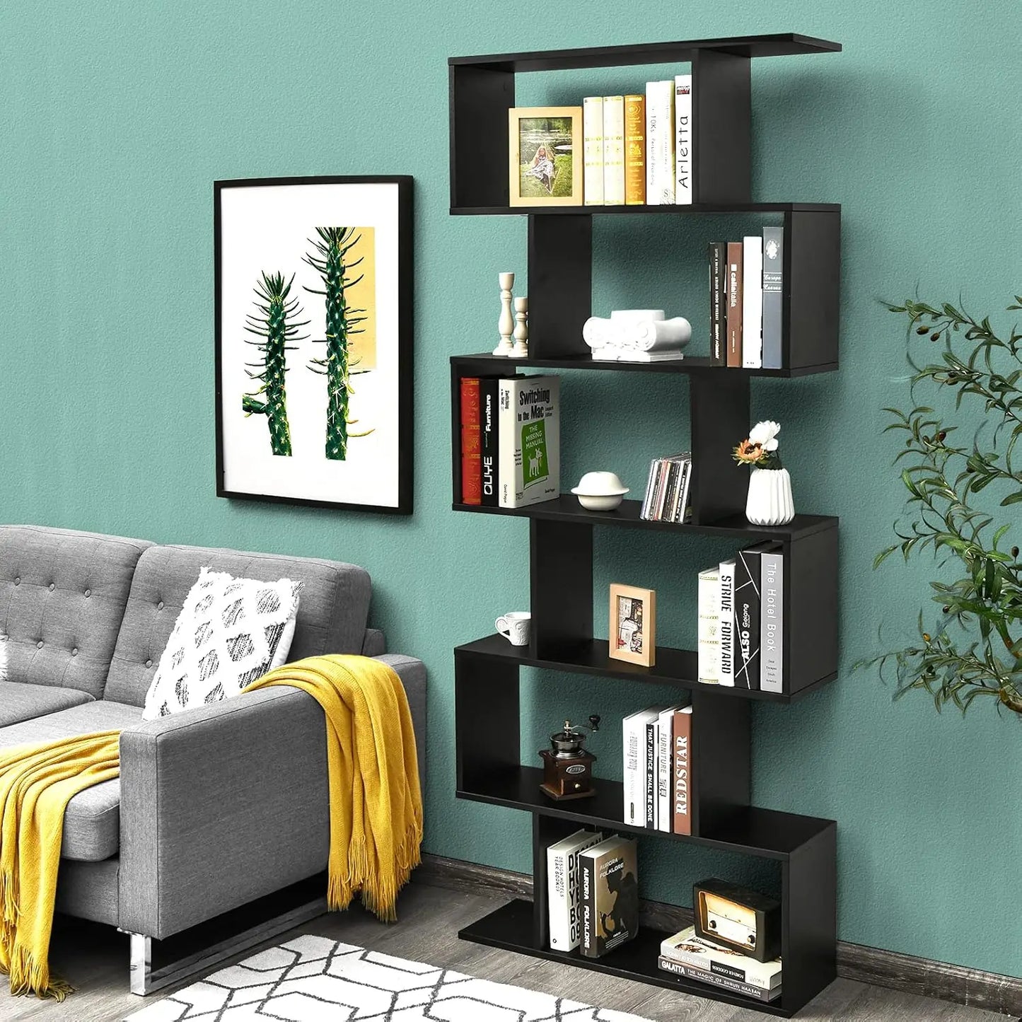 6 Tier S Shaped Bookshelf, 31.5L x 9W x 75H Wooden Bookcase