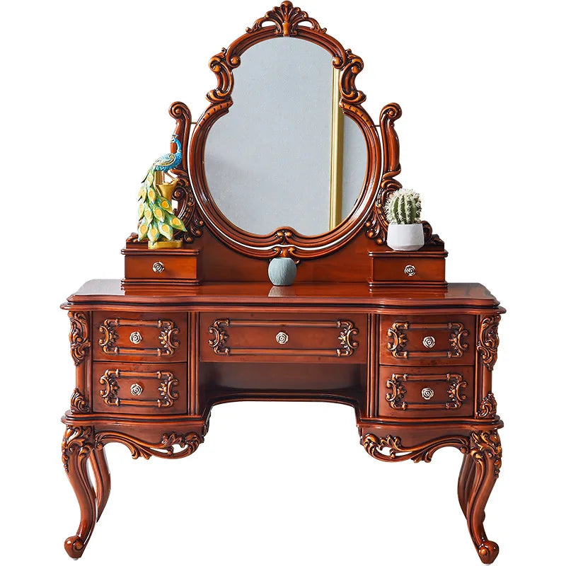 European dresser solid wood carving flower princess bedroom dressing table assembly dark retro American dressing table small apa