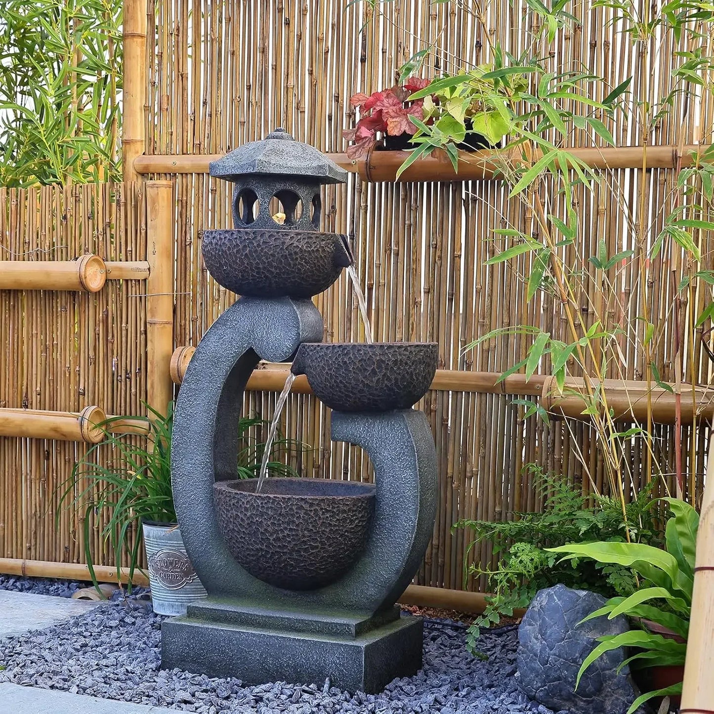 Water Fountain Outdoor Zen Feature - Garden Tranquil Pagoda Waterfalls Fountains Bowl with LED Lights & Pump for Patio Yard Porc