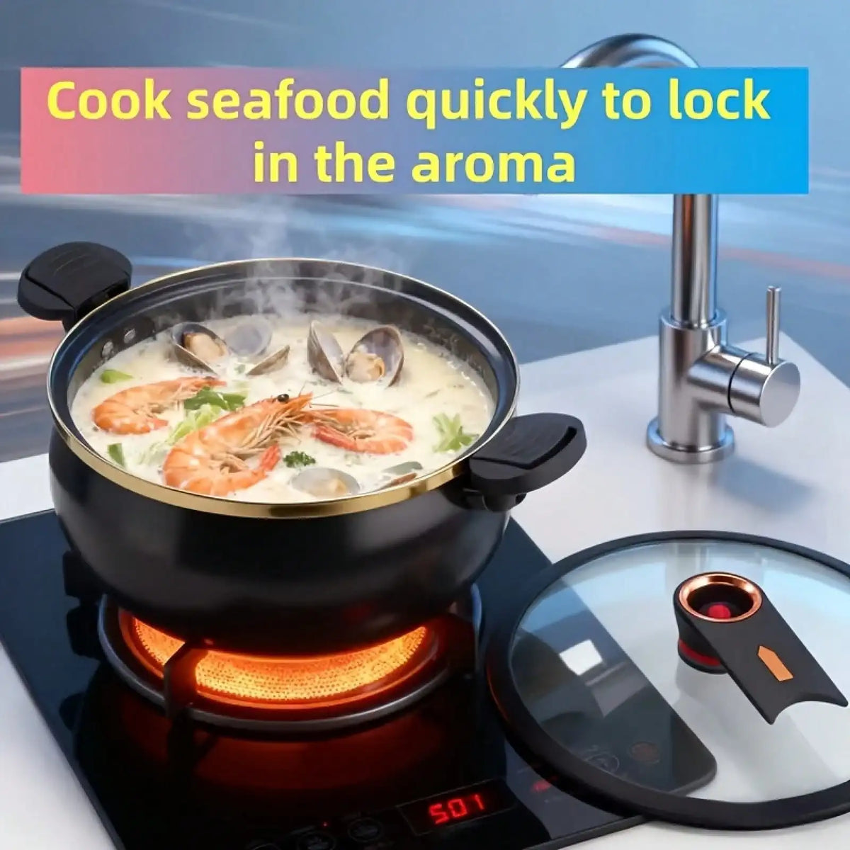 1Pc Large 8.45QT Non-Stick Stew Pot, Twist Lock Handle & Attached Soup Spoon, Fast Heating Cooking Pot, Compatible With Gas/Open Flame/Induction, Home/Hotel/Fast Food Shop, Mother's Day