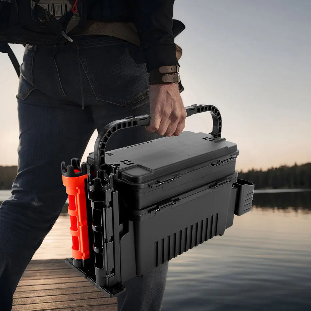 2 Tier Fishing Tackle Box Fishing Gear Box with Cup & Rod Holder Fishing Tackle Storage Box Fishing Tool Box Fishing Accessories