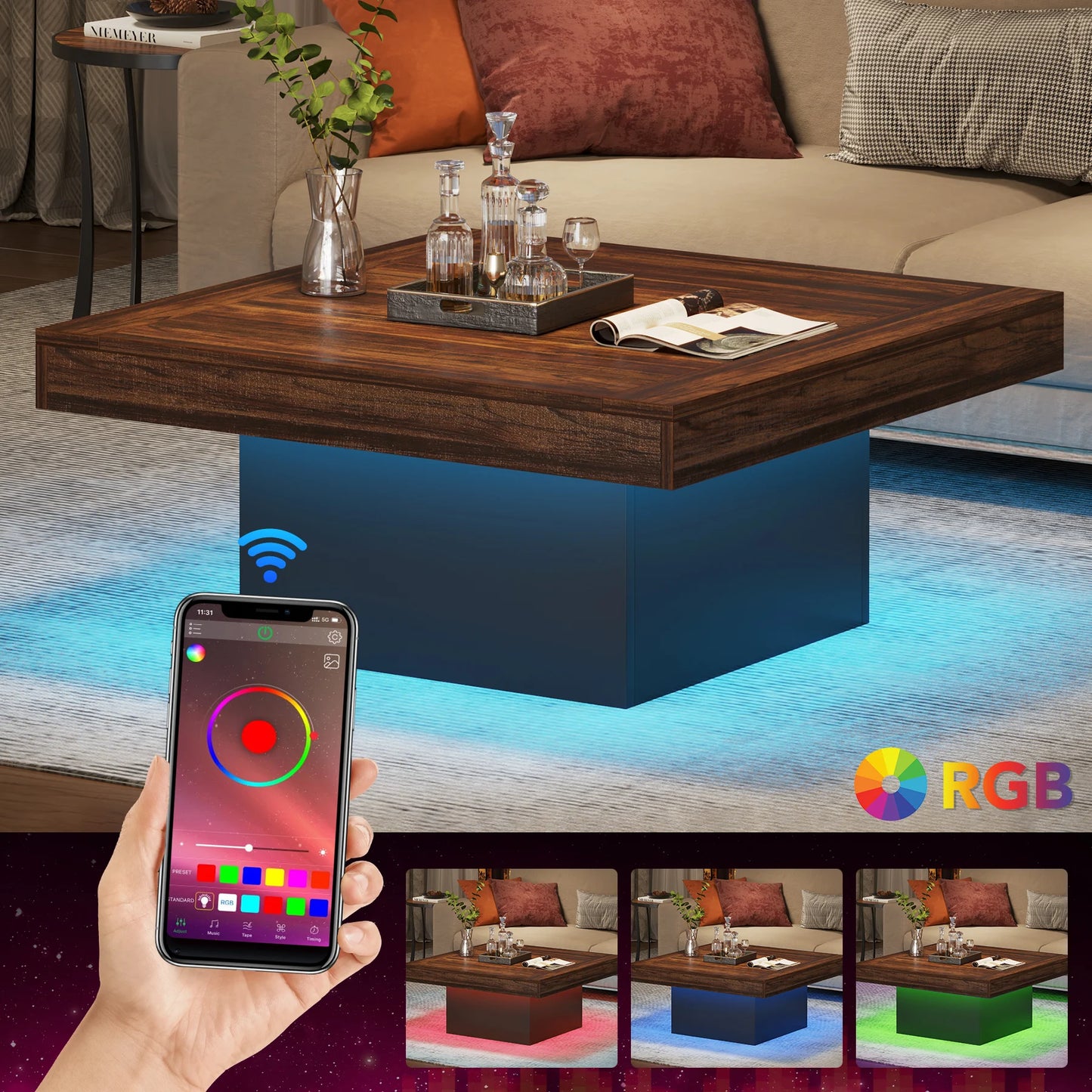 Tribesigns Square LED Coffee Table With Engineered Wood