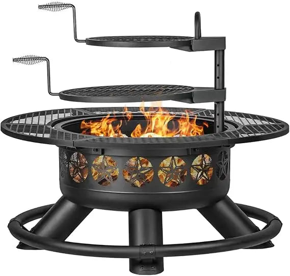 47 Inch Outdoor Fire Pit with 2 Grills, Extra Large BBQ Firepits for Outside, Metal Round Fire pits with Lid&Fire Poker,3 in 1 W