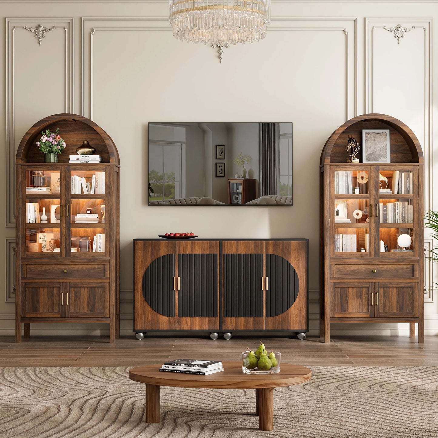 71 Inch Tall Full Wood Arched Storage Cabinet Adjustable Shelves Bookcase with Dimmable LED Lights for Living Room Bedroom