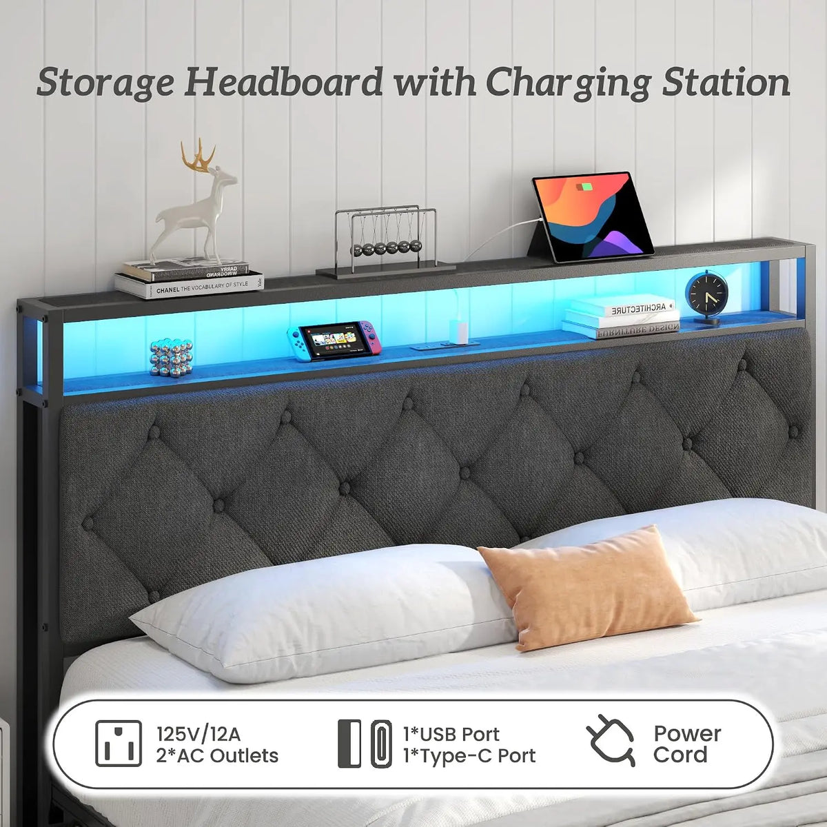 Modern Upholstered Bed Frame With Integrated Led Charging Port