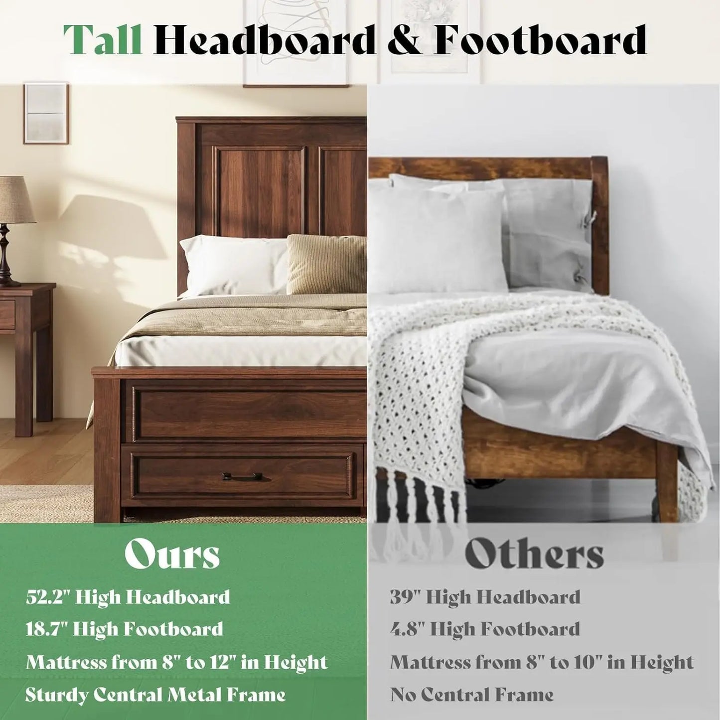 52.2" Queen Size Farmhouse Bed Frame with Headboard, Rustic Brown | Tall Panel Headboard & Footboard, Wood Platform Bed, Custom