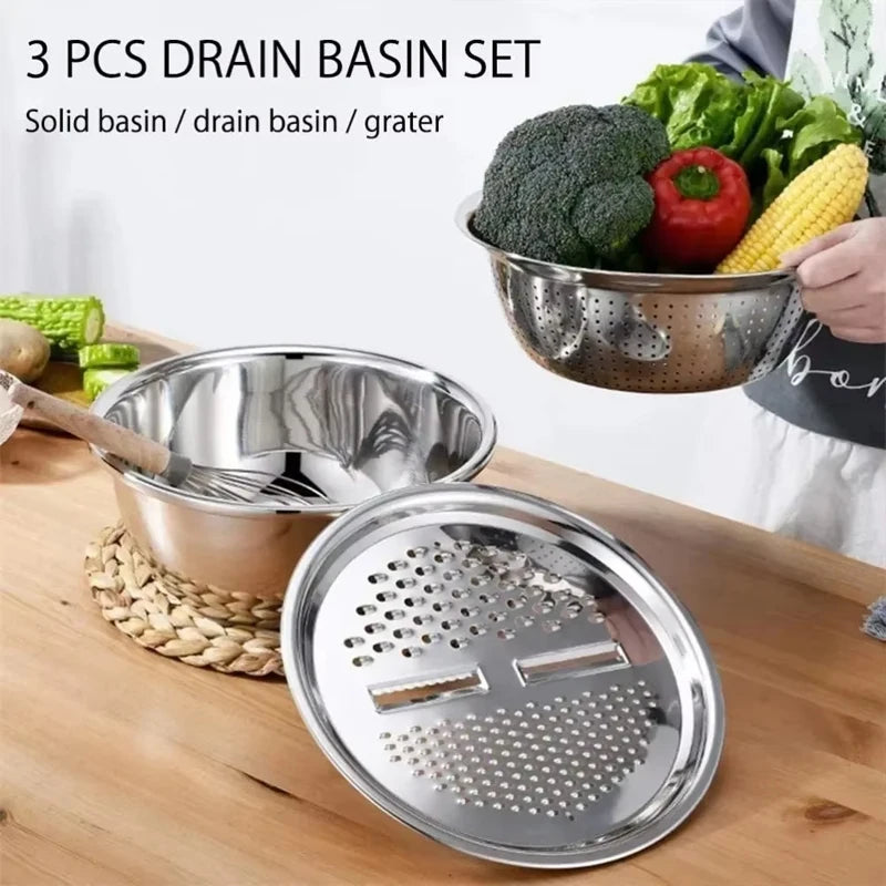 Vegetable Slicer Set 3PCS/1Set Stainless Steel Potato Cutter with Washing Basin Drain Basket Multifunctional Vegetable Chopper