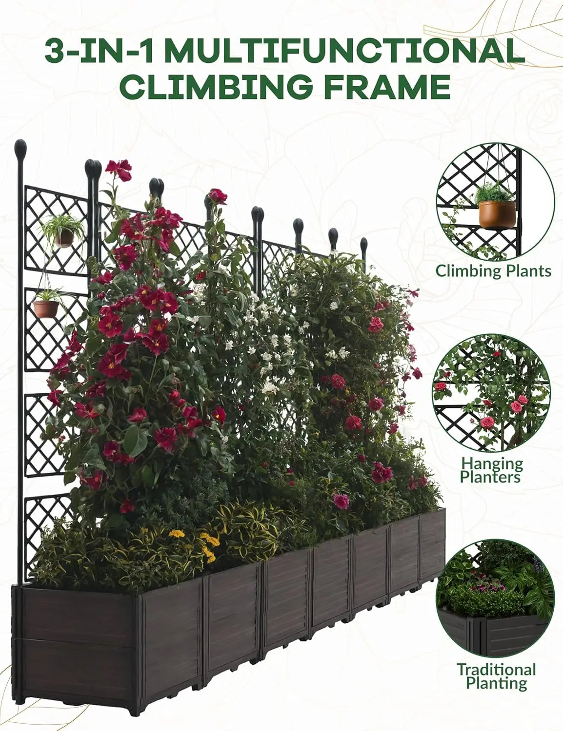 Plastic Planter Box w/ Trellis Rack 5.25FT Tall Raised Garden Bed Drainage for Outdoor Balcony Patio Flower Vegetable Planting