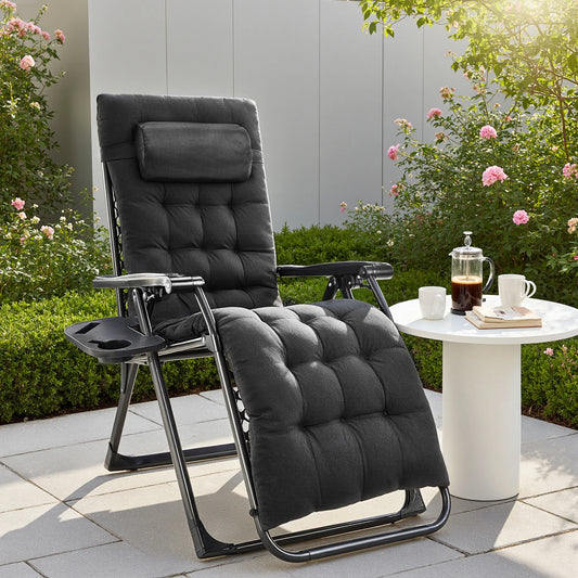 JHK Zero Gravity Recliner Camping Patio Lounge Chair Folding Portable with Cup Holder Trays Removable Cushion For Outdoor Garden